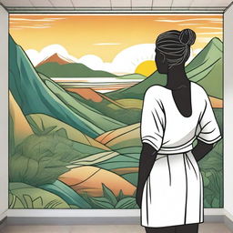 A mural drawing of a woman standing and looking at the promised land, which can symbolically represent an office