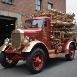 A fire engine transformed into a steampunk spectacle, with intricate brass and copper fittings, vintage charm, steam-driven engines, and a complex array of gears and indicators.