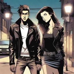 A scene depicting a rebellious bad boy with a leather jacket and a gentle good girl in a dress, standing together under a streetlight