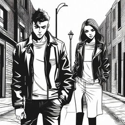 A scene depicting a rebellious bad boy with a leather jacket and a gentle good girl in a dress, standing together under a streetlight