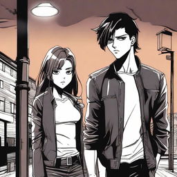 A scene depicting a rebellious bad boy with a leather jacket and a gentle good girl in a dress, standing together under a streetlight