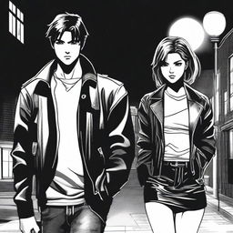 A scene depicting a rebellious bad boy with a leather jacket and a gentle good girl in a dress, standing together under a streetlight