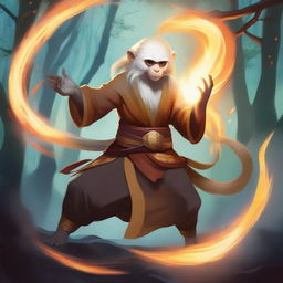 A Dungeons & Dragons female monkey zoomorph with blonde fur, depicted as a fighting monk controlling the elements