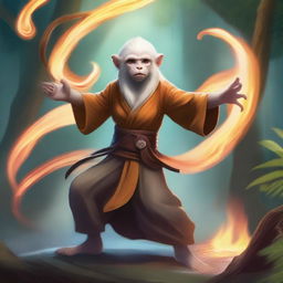 A Dungeons & Dragons female monkey zoomorph with blonde fur, depicted as a fighting monk controlling the elements