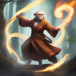 A Dungeons & Dragons female monkey zoomorph with blonde fur, depicted as a fighting monk controlling the elements