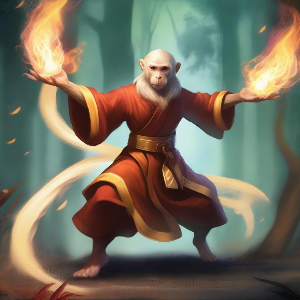 A Dungeons & Dragons female monkey zoomorph with blonde fur, depicted as a fighting monk controlling the elements