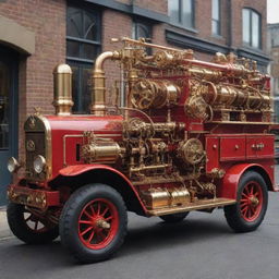 A fire engine transformed into a steampunk spectacle, with intricate brass and copper fittings, vintage charm, steam-driven engines, and a complex array of gears and indicators.