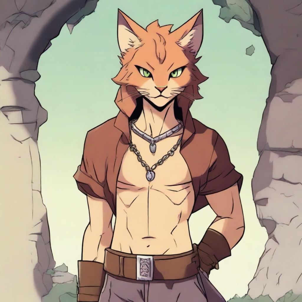 An anime-style image of Dindel, a young breno from the cat-people race in the kingdom of Brenia