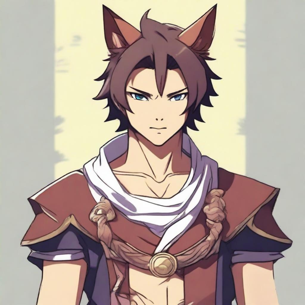 An anime-style image of Dindel, a young breno from the cat-people race in the kingdom of Brenia