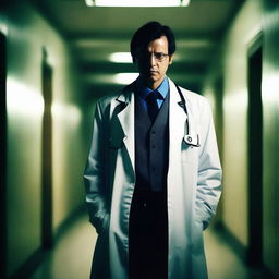 A sinister-looking doctor standing in a dark, eerie hallway