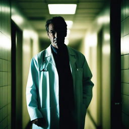 A sinister-looking doctor standing in a dark, eerie hallway