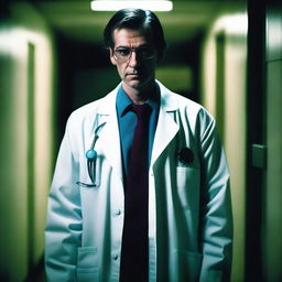 A sinister-looking doctor standing in a dark, eerie hallway