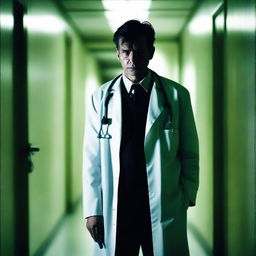 A sinister-looking doctor standing in a dark, eerie hallway