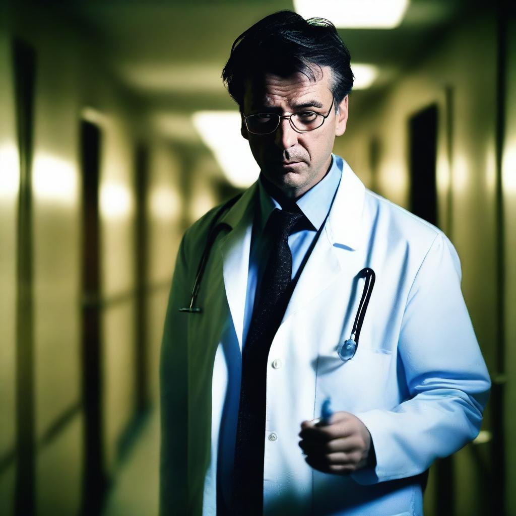 A sinister-looking male doctor standing in a dark, eerie hallway