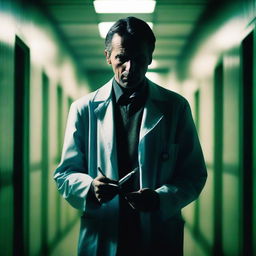 A sinister-looking male doctor standing in a dark, eerie hallway