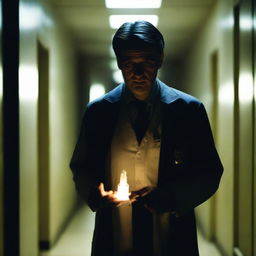 A sinister-looking male doctor standing in a dark, eerie hallway