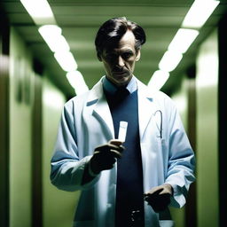 A sinister-looking male doctor standing in a dark, eerie hallway