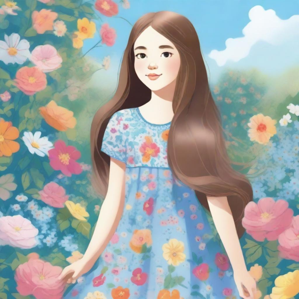 A detailed illustration of a young girl standing in a beautiful garden