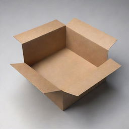 A detailed 3D representation of an empty carton box made from brown recycled paper. The box is slightly open, revealing its clean, vacant interior.