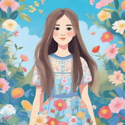 A detailed illustration of a young girl standing in a beautiful garden