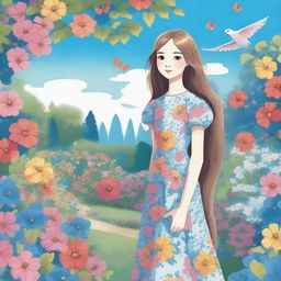 A detailed illustration of a young girl standing in a beautiful garden