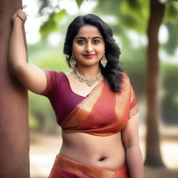 A portrait of an Indian woman with a curvy figure and broad armpits