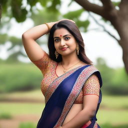 A portrait of an Indian woman with a curvy figure and broad armpits