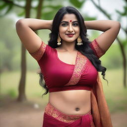 A portrait of an Indian woman with a curvy figure and broad armpits