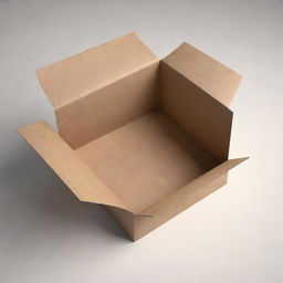 A detailed 3D representation of an empty carton box made from brown recycled paper. The box is slightly open, revealing its clean, vacant interior.