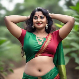 A portrait of a curvy Indian woman with broad armpits, depicted in a respectful and tasteful manner