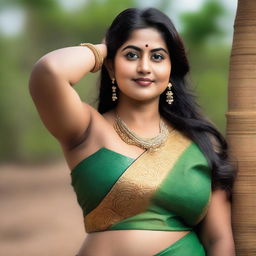 A portrait of a curvy Indian woman with broad armpits, depicted in a respectful and tasteful manner