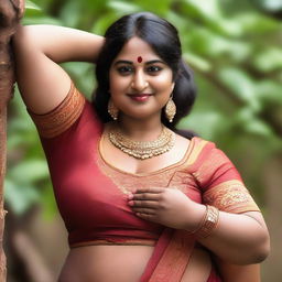 A portrait of a curvy Indian woman with broad armpits, depicted in a respectful and tasteful manner