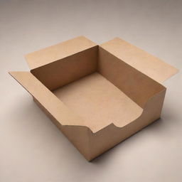 A detailed 3D representation of an empty carton box made from brown recycled paper. The box is slightly open, revealing its clean, vacant interior.