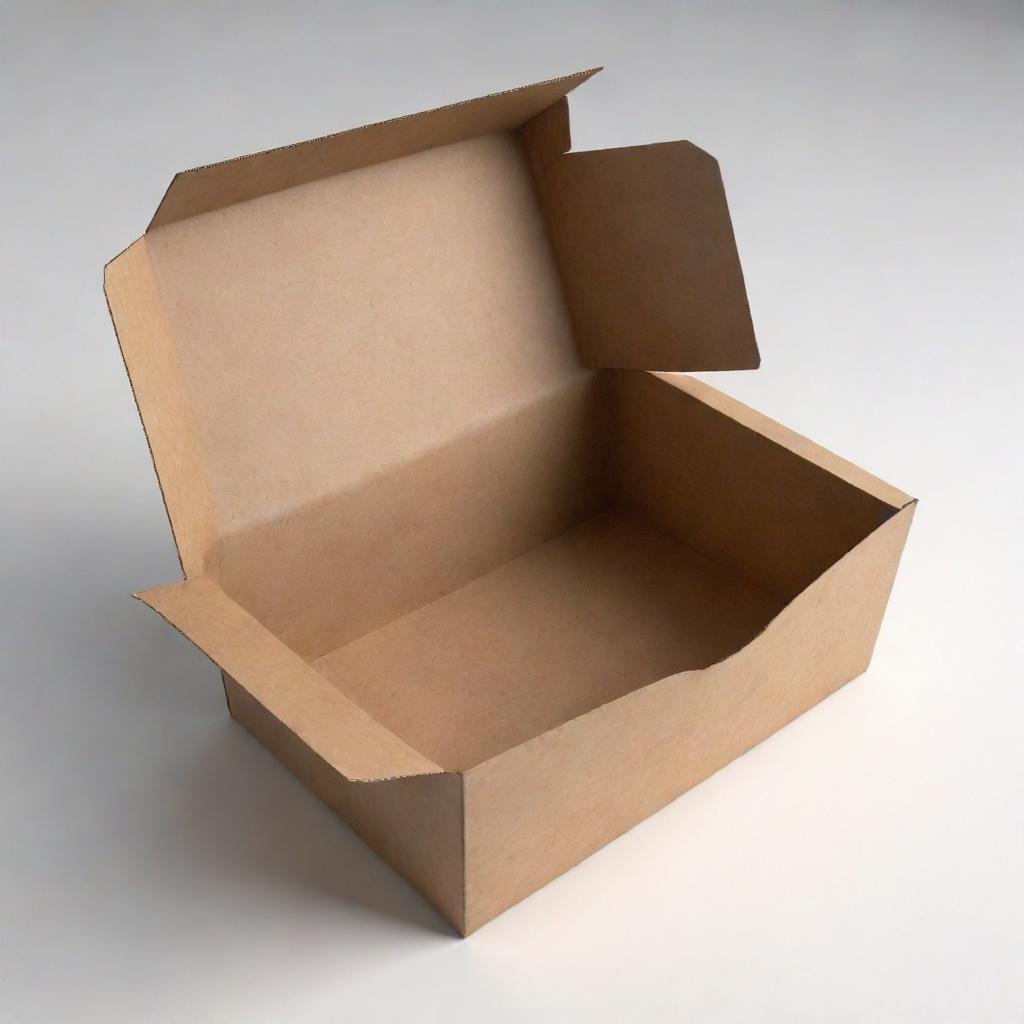 A detailed 3D representation of an empty carton box made from brown recycled paper. The box is slightly open, revealing its clean, vacant interior.