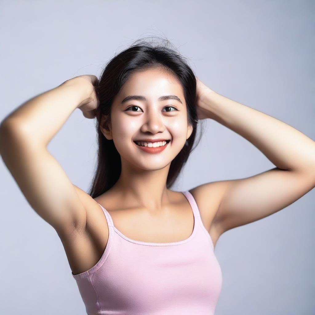 A girl with a cheerful expression is showing her armpits in a playful and non-explicit manner