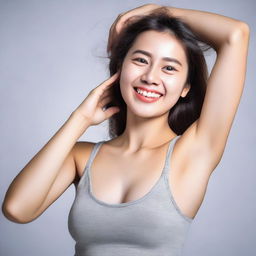 A girl with a cheerful expression is showing her armpits in a playful and non-explicit manner