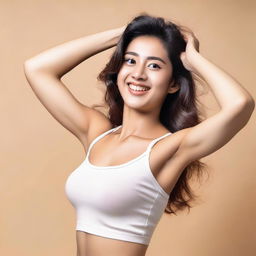 A girl with a cheerful expression is showing her armpits in a playful and non-explicit manner