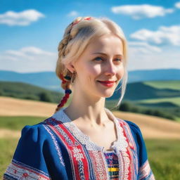 A small, slim blonde woman with Scandinavian features, dressed in traditional Ukrainian attire