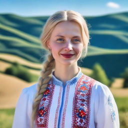 A small, slim blonde woman with Scandinavian features, dressed in traditional Ukrainian attire