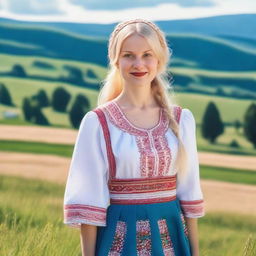 A small, slim blonde woman with Scandinavian features, dressed in traditional Ukrainian attire