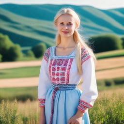 A small, slim blonde woman with Scandinavian features, dressed in traditional Ukrainian attire