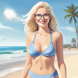 A realistic depiction of a young woman with an attractive physique, blonde hair, and glasses standing on a beach