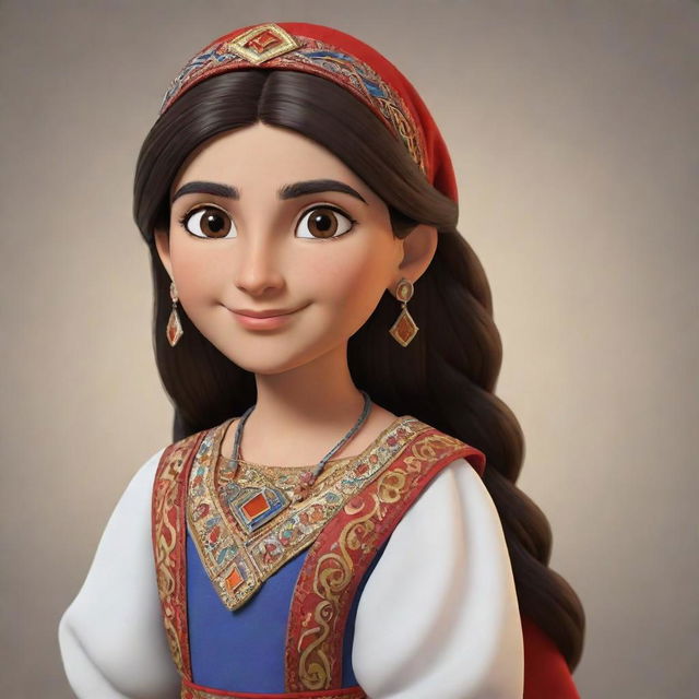 An animated Armenian girl, the lead character in a cartoon. She is proudly dressed in traditional attire, showing her cultural heritage. She holds a fearless and confident stance, ready for an upcoming adventure.