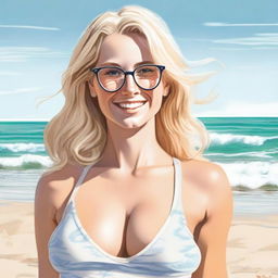 A realistic depiction of a young woman with an attractive physique, blonde hair, and glasses standing on a beach