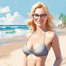 A realistic depiction of a young woman with an attractive physique, blonde hair, and glasses standing on a beach