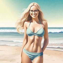 A realistic, unfiltered depiction of a young woman with an attractive physique, blonde hair, and glasses standing on a beach