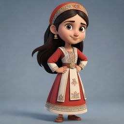 An animated Armenian girl, the lead character in a cartoon. She is proudly dressed in traditional attire, showing her cultural heritage. She holds a fearless and confident stance, ready for an upcoming adventure.