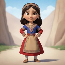 An animated Armenian girl, the lead character in a cartoon. She is proudly dressed in traditional attire, showing her cultural heritage. She holds a fearless and confident stance, ready for an upcoming adventure.