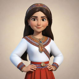 An animated Armenian girl, the lead character in a cartoon. She is proudly dressed in traditional attire, showing her cultural heritage. She holds a fearless and confident stance, ready for an upcoming adventure.