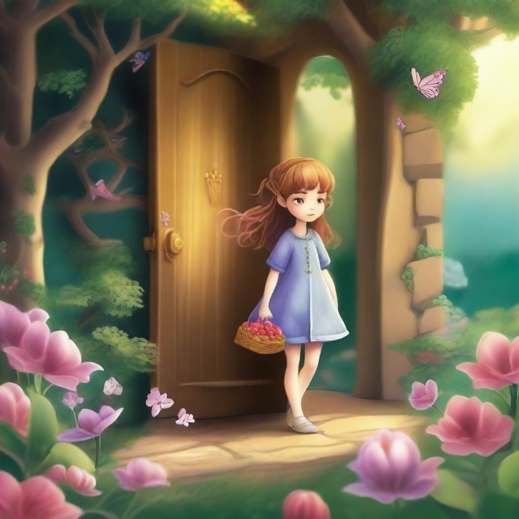 Create an image of a young girl named Lily, who discovers a hidden door in her grandmother's garden